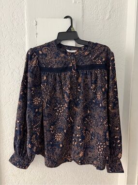 Women's Navy Blue Floral Print Long-Sleeve Blouse